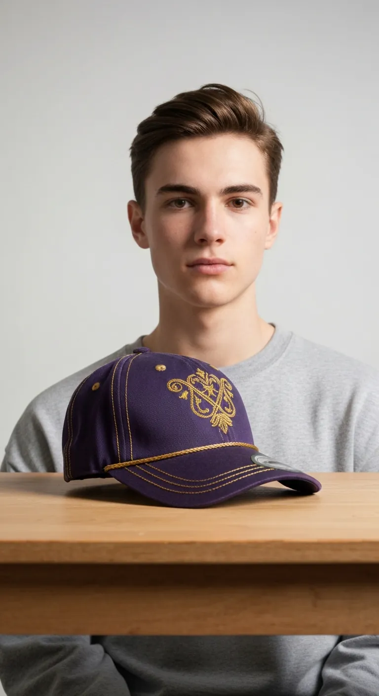 Heritage Snapback. Gold and purple vintage baseball cap on male model.
