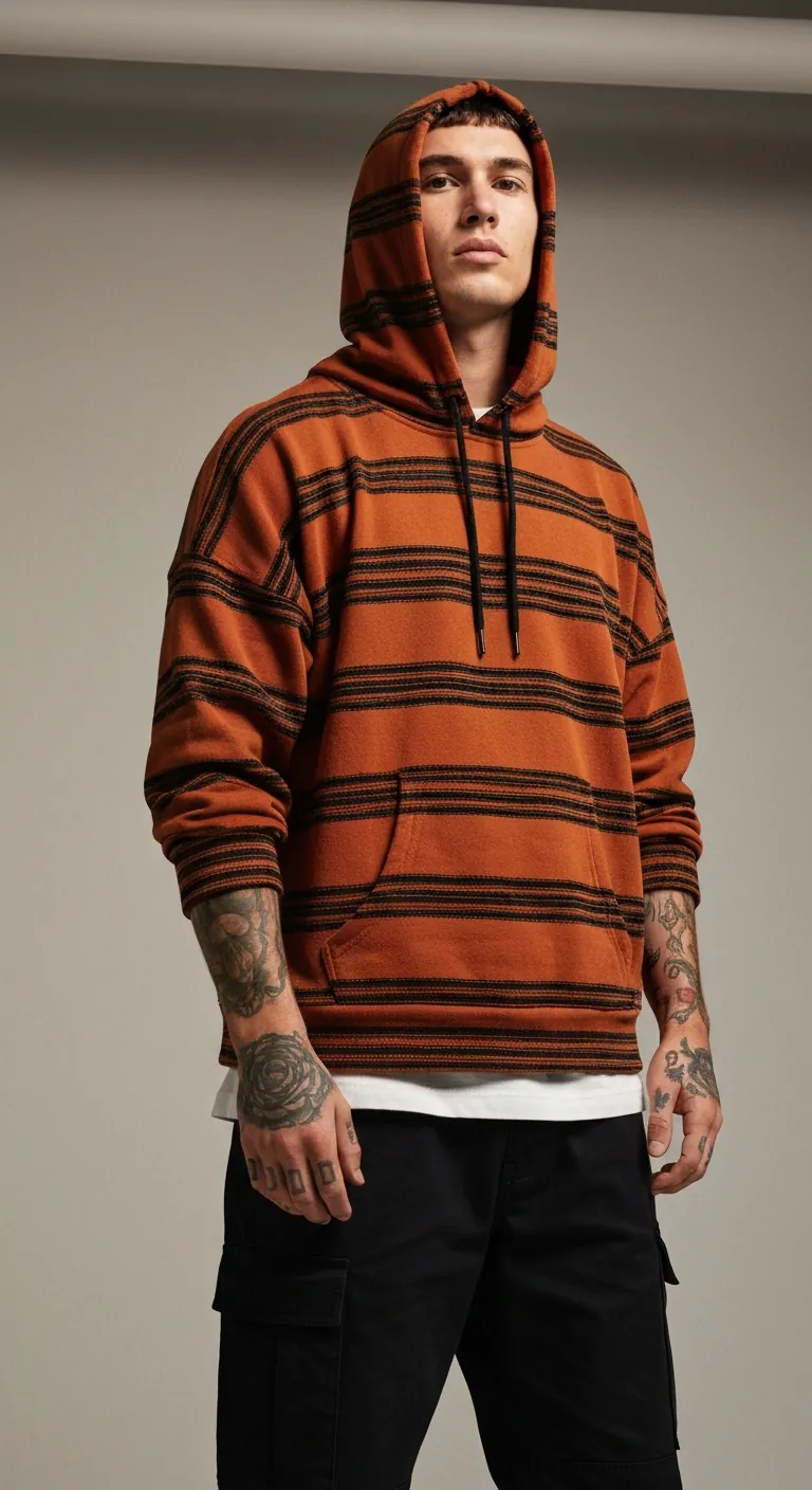 Desert Run Hoodie. Rust and black striped motocross lifestyle hoodie on male model.
