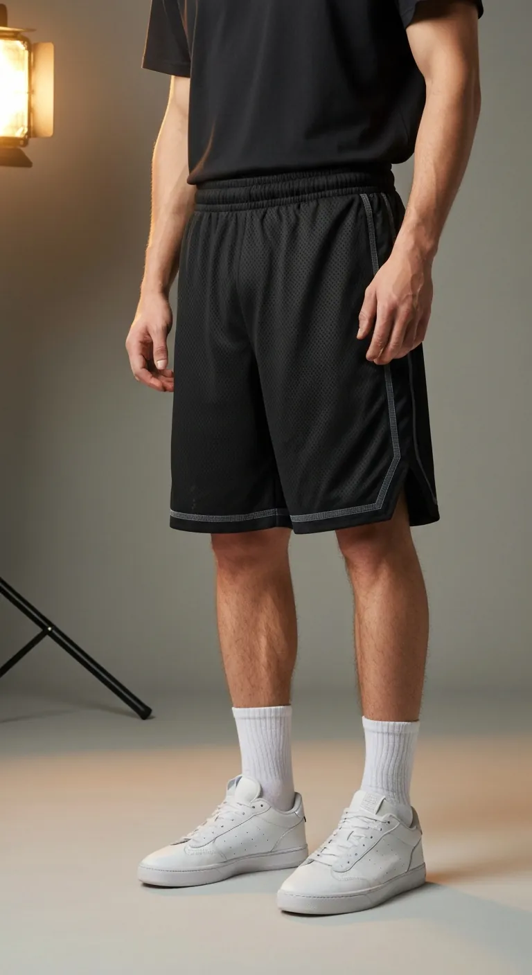 Dynasty Hoopball Shorts. Black mesh basketball shorts on male model.