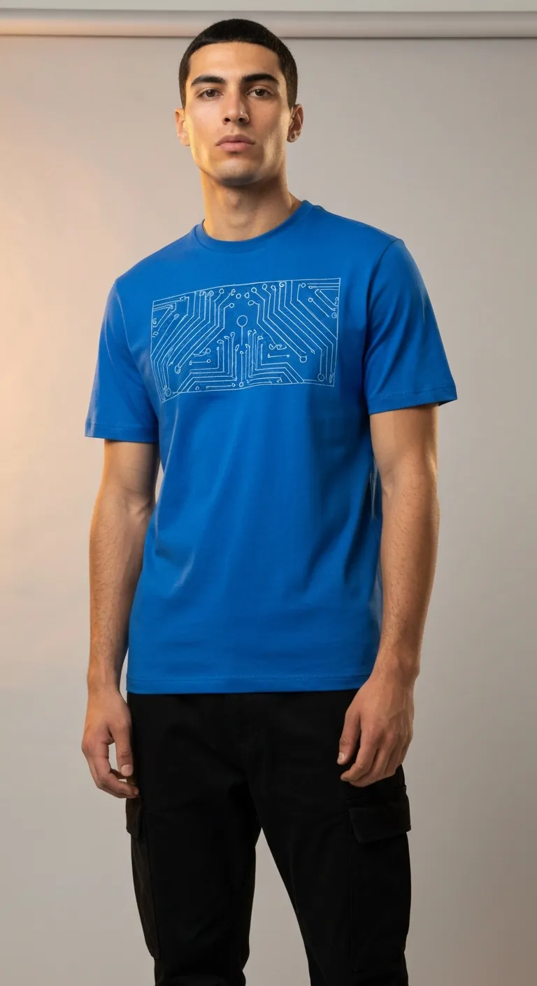Volt Pack Tee. Electric blue graphic tee with circuit-board print on male model.