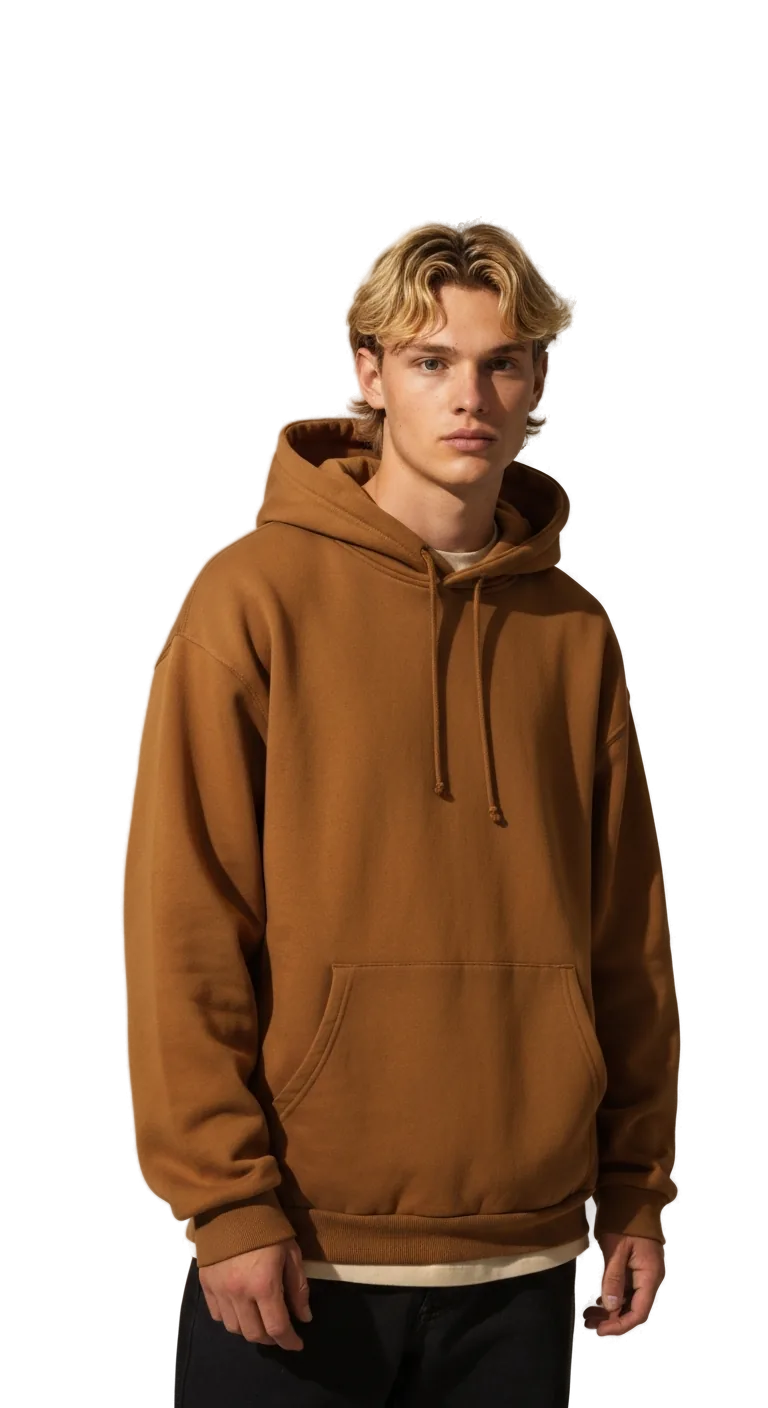 Ringtail Dusk Hoodie in tan, worn oversized with the hood down, in low morning light